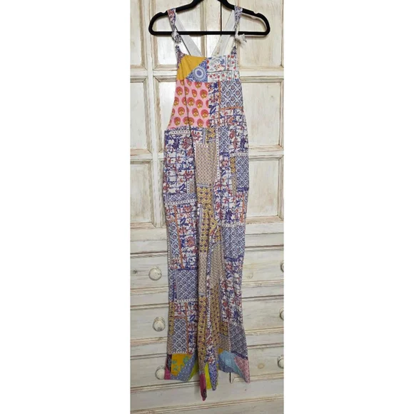 Anthro Let Me Be Patchwork Floral Jumpsuit S White Blue - Picture 2 of 12